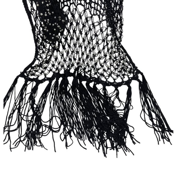 Black Mesh Shawl With Rhinestone Embellishments & Fringe Trim - Picture 2 of 7